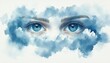 © Rgrd - vivid blue eyes emerging through soft blue clouds with detailed eyelashes and eyebrows conveying a dreamy and mysterious emotion