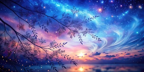 Wall Mural - Serene Sunset Landscape with Silhouetted Branches and a Starry Night Sky Featuring Celestial Wonders