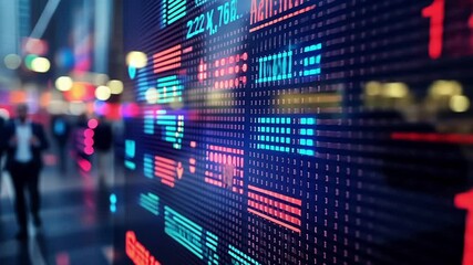 Poster - In a technologically advanced city neon lights pulse in harmony with a holographic stock tick display conveying a sense of financial vitality and bullish momentum.