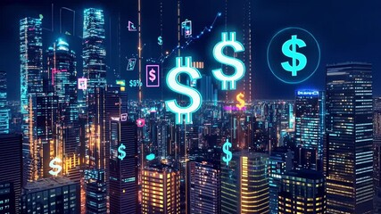Aufkleber - Holographic projections of dollar signs and rising stock market charts illuminate a futuristic cityscape at night, representing finance, investment, and economic growth