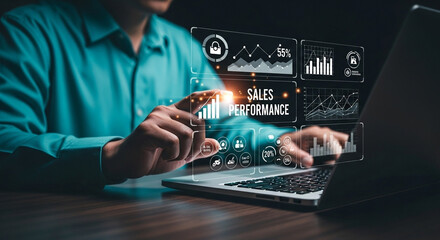 Leinwandbilder - Person using laptop with sales performance data and various business related infographics displayed