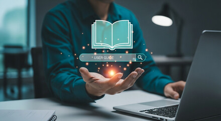 Poster - Man using laptop with user guide search and book icon hovering over his hand in a modern office