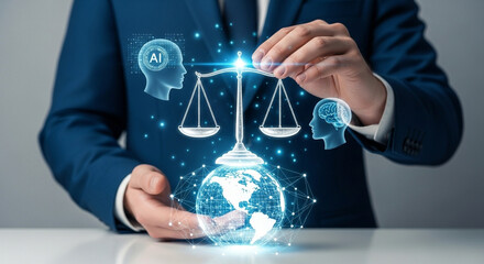 Poster - A man in a suit holding a scales of justice with ai and human head symbols above a globe design