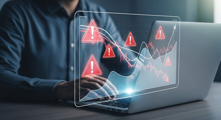 Poster - Man using laptop with warning signs and stock chart overlay indicating potential risk and market volatility