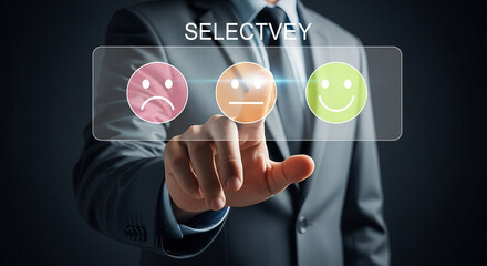 Poster - Man in suit selecting neutral feedback option on digital interface with smiley face icons displayed