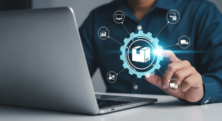Poster - Person interacting with logistics icons and laptop representing supply chain management system