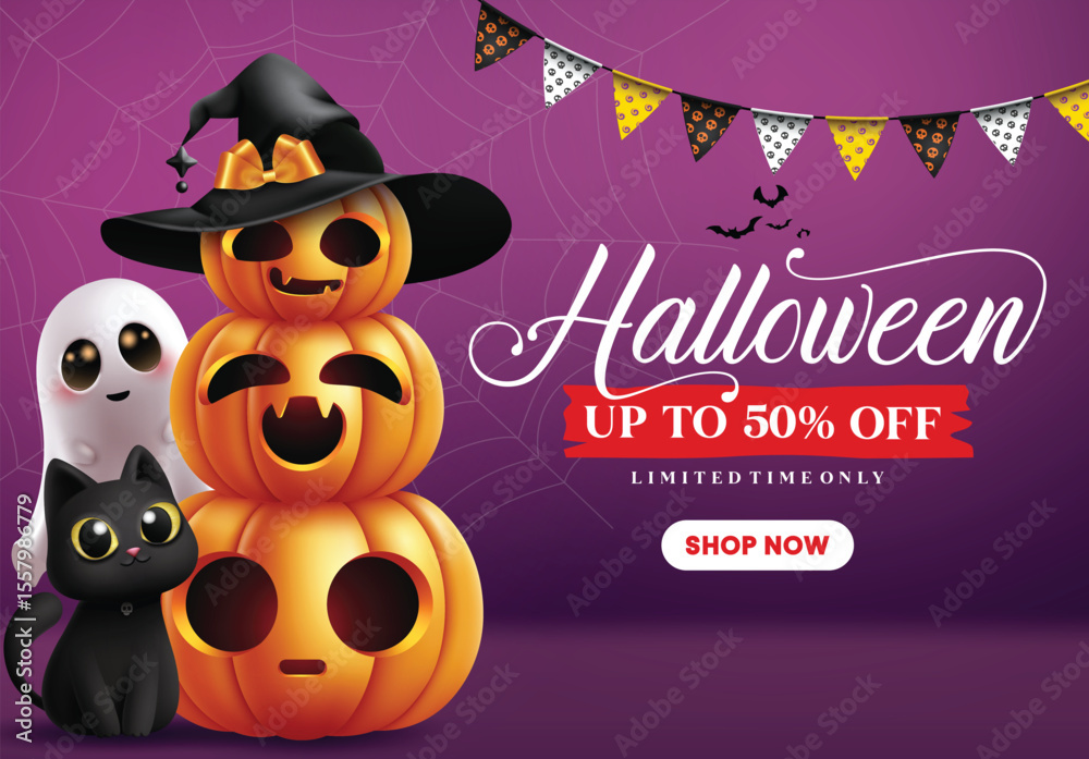 Halloween sale clipart design. Halloween limited time offer discount with layer of pumpkin, cat and ghost character clip art for horror flyers shopping advertisement in spider web purple background