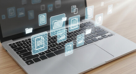 Aufkleber - Laptop keyboard with floating document and folder icons representing data management concept view