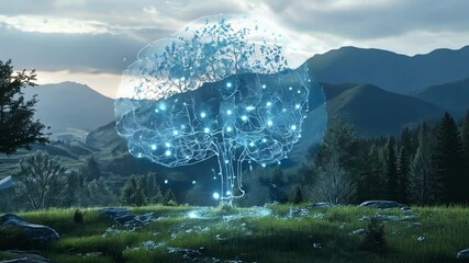 Aufkleber - Mesmerizing digital tree, formed by interconnected glowing lines and points of light, illuminates a serene landscape at twilight, creating a captivating blend of nature and technology