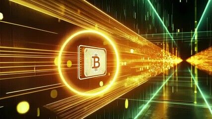 Aufkleber - Golden bitcoin symbol is fast moving through digital cyberspace tunnel with light trails and particles, a futuristic 3d illustration for cryptocurrency and blockchain technology