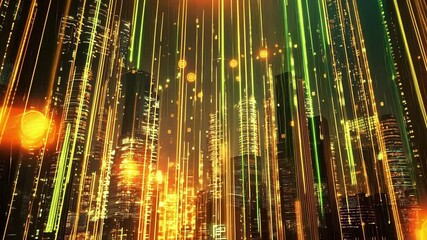 Aufkleber - Glowing golden trails of data stream down a futuristic cityscape at night, symbolizing the interconnectedness of a smart city through the constant flow of digital information
