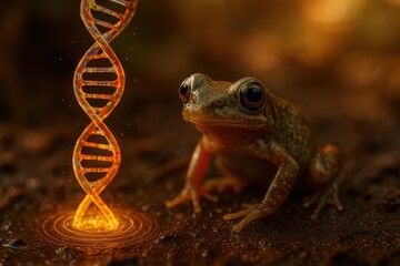 Frog with glowing DNA, genetic modification in amphibians, biotechnology research, DNA manipulation, future of genetics, frog cloning, artificial intelligence in animals, genetic engineering, science 