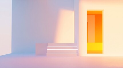 Poster - Minimalistic interior space featuring light and shadow with a yellow door and stairs