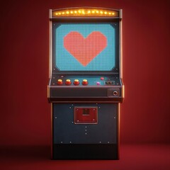 Retro arcade game machine with a pixelated red heart displayed on the blue screen and illuminated top marquee on a dark red background evoking nostalgia and warmth