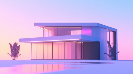 Poster - Modern Minimalist House with Pink and Purple Sky Background Rendered in 3D