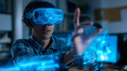 Poster - Man wearing VR headset interacts with virtual interface, showcasing futuristic technology in modern office setting. scene highlights innovation and digital immersion