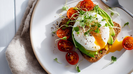 Poster - Delicious and healthy breakfast featuring poached egg on avocado toast with cherry tomatoes and microgreens, served on white plate. dish is beautifully presented with vibrant colors
