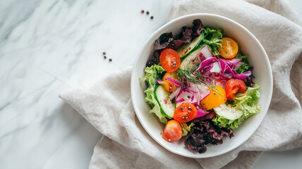 Poster - Vibrant plant based salad bowl with fresh vegetables including cherry tomatoes, radishes, cucumbers, and leafy greens on white marble surface. colorful dish is garnished with herbs