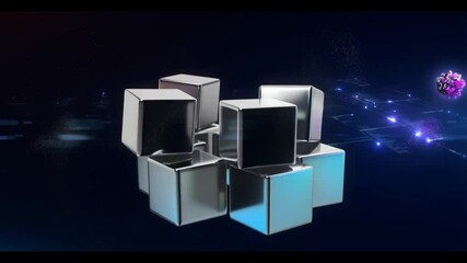 Poster - Abstract Metallic Cubes Rotation, Gradient Geometric Cube Loop, Modern 3D Block Background