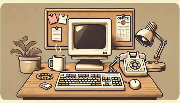 Retro 80s Office Workspace with Vintage Computer and Accessories.