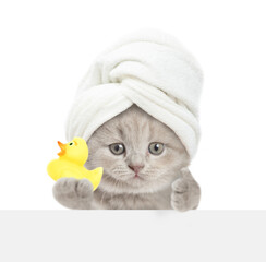 Aufkleber - Cute kitten with towel on it head looks above blank white banner and shows rubber duck and thumbs up gesture. Empty free space for text. isolated on white background