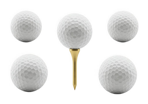 Five golf balls and one on a tee, isolated on transparent background