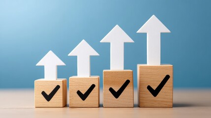 Poster - Employment Trends. Growing business success with upward arrows and check marks on blocks.