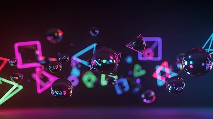Wall Mural - Neon Shapes & Bubbles Float, Dark Background, Digital Art