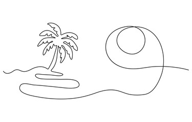 Poster - Palm tree, continuous one line drawing of tropical palm tree. Isolated on white background vector illustration.