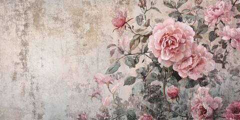 Leinwandbilder - Detailed close-up of vintage floral wallpaper with delicate blooms and faded colors, perfect for romantic, nostalgic designs.