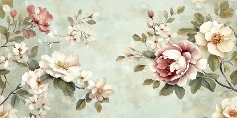 Leinwandbilder - Detailed close-up of vintage floral wallpaper with delicate blooms and faded colors, perfect for romantic, nostalgic designs.