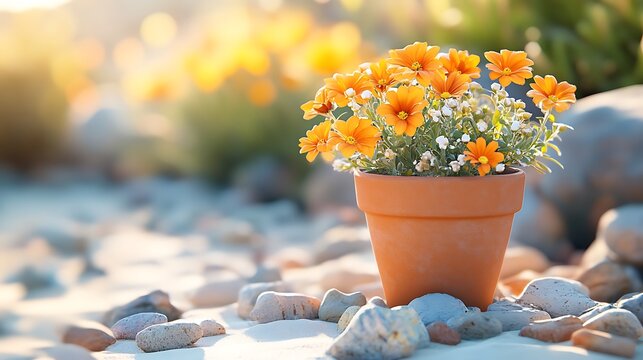 Desert blooms in terracotta pot on white sand, surrounded by desert rocks, bright clear sky, vivid yet earthy color palette, tranquil setting. Created Using: landscape lens, natural sunlight,