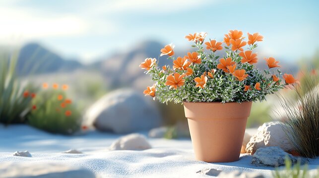 Desert blooms in terracotta pot on white sand, surrounded by desert rocks, bright clear sky, vivid yet earthy color palette, tranquil setting. Created Using: landscape lens, natural sunlight,