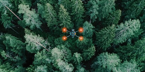 Poster - a drone capturing aerial footage of a forest, with the screen showing indicators of ecosystem health.