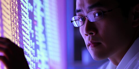 Poster - Precision shot of a researcher analyzing DNA sequences on a digital screen, with lab equipment in the periphery.
