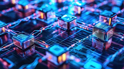 Aufkleber - blockchain in operation with secure data blocks interconnected and illuminated by digital lines.