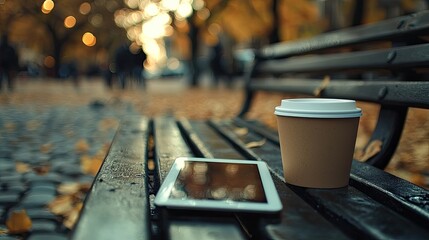 Poster - The texture of a coffee cup resting on a park bench, alongside a tablet, in a tranquil urban setting.