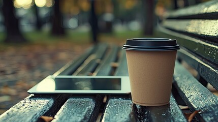 Poster - The texture of a coffee cup resting on a park bench, alongside a tablet, in a tranquil urban setting.
