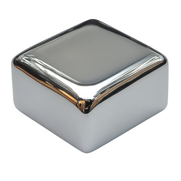 Polished chrome cube with rounded edges and reflective surface showcasing distorted light patterns isolated on transparent background