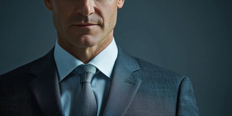 Poster - Corporate individual portrait of a business professional in a suit and tie, with a neutral backdrop and studio lighting for confidence.