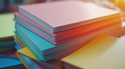 Poster - a pile of colorful notebooks on a desk, focus on neatly organized materials, warm lighting reflects the importance of educational resources