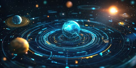Aufkleber - a web interface featuring a space exploration theme, with holographic elements, celestial navigation bars, and responsive design.