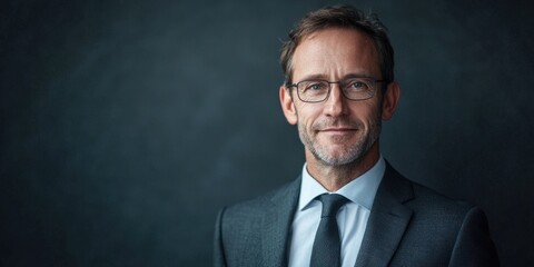 Poster - High-quality studio portrait of a business leader in a tailored suit, with a neutral backdrop and refined lighting for a sophisticated look.