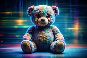Poster - Neon rainbow teddy bear in a futuristic digital setting