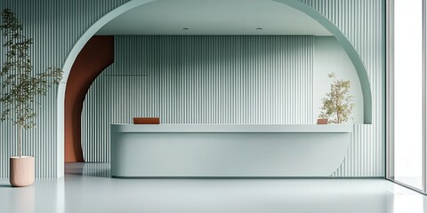Leinwandbilder - a modern reception area with a minimalist design and subtle branding, ideal for professional administrative environments.