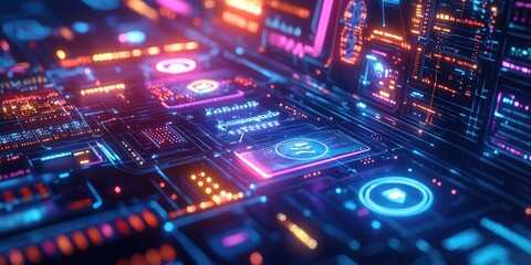 Fototapete - holographic virtual controls with fine details and vibrant colors, ideal for next-generation tech designs.