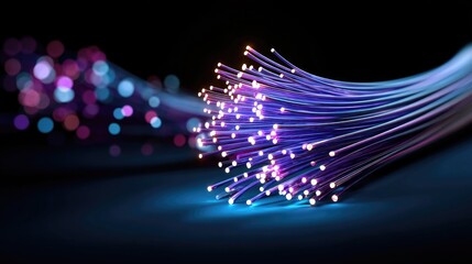 A bundle of glowing fiber optic cables emitting vibrant blue and purple light in a dark room