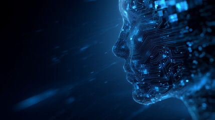 Poster - Digital human head with glowing blue circuit patterns against a dark blue gradient background space