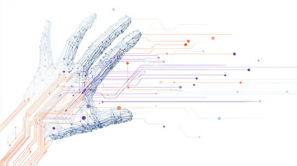 Poster - A digital hand connected to a network of lines and dots on a white background in a modern design