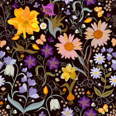 Wall Mural - Night garden. Flowers, leaves and butterflies on a black background seamless natural pattern in vector. Beautiful print for fabric.